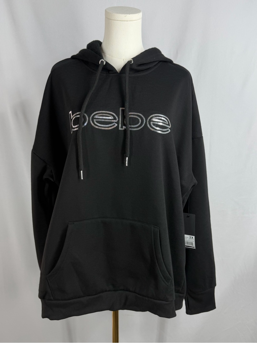 Bebe Sport Hoodie Woman’s 2X Sequin Spellout Black Oversized Sweatshirt NWT